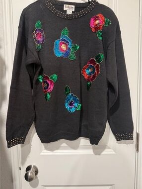 Vintage Exclusive Imports Women's Black Sweater with Colorful Sequin Floral,